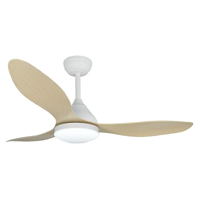 Cristal Record Ventilador de techo Stel - Blanco/Beige, 120 cm, 20 W, Blanco cálido - Un ventilador de techo moderno con aspas de madera clara y carcasa blanca. Su diseño sencillo proporciona un ambiente agradable en la habitación.