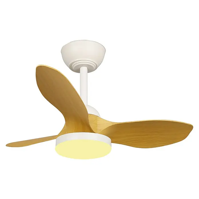 Cristal Record Ventilador de techo Stel mini S - Blanco/Biege, 80 cm, Blanco cálido - Esta imagen muestra un moderno ventilador de techo con aspas de madera e iluminación integrada, sobre un fondo oscuro.