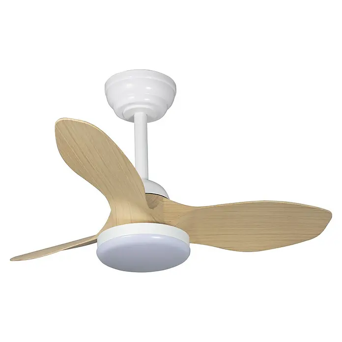 Cristal Record Ventilador de techo Stel mini S - Blanco/Biege, 80 cm, Blanco cálido - Esta foto muestra un ventilador de techo con aspas de madera clara y una carcasa blanca sobre un fondo borroso.