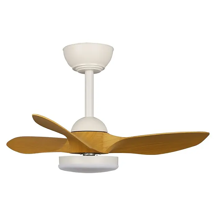 Cristal Record Ventilador de techo Stel mini S - Blanco/Biege, 80 cm, Blanco cálido - Primer plano de un ventilador de techo con tres aspas de madera y una base blanca sobre un fondo negro.