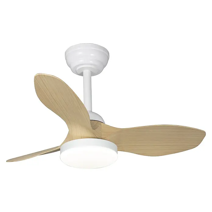 Cristal Record Ventilador de techo Stel mini S - Blanco/Biege, 80 cm, Blanco cálido - Un primer plano de un moderno ventilador de techo con palas de madera y carcasa blanca, ideal para una iluminación y circulación de aire elegantes.