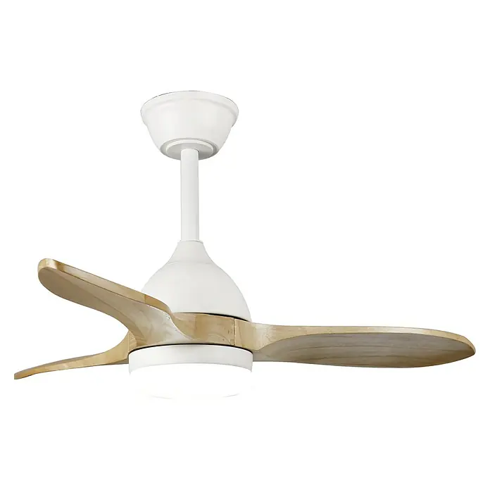 Cristal Record Ventilador de techo Beta - Blanco/Madera, 92 cm, 27 W, Blanco cálido - Un ventilador de techo con aspas de madera y cuerpo blanco. El diseño combina elementos naturales y modernos para una iluminación elegante.