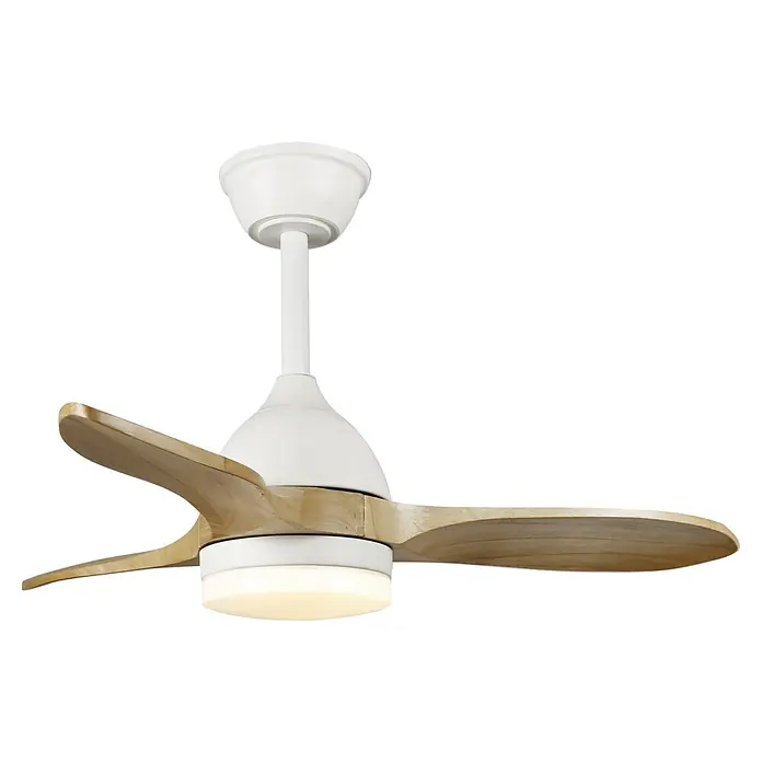 Cristal Record Ventilador de techo Beta - Blanco/Madera, 92 cm, 27 W, Blanco cálido - Ventilador de techo moderno con tres aspas de madera y luz LED integrada, perfecto para interiores con estilo.