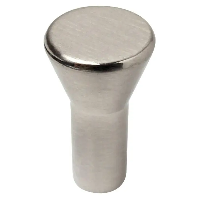 Möbelknopf - Typ Möbelgriff: Knopf, Ø x H: 15 x 22 mm, Sonstige, Vernickelt - Nahaufnahme eines satinierten Nickel-Möbelknopfs mit abgerundeter Form und zylindrischem Sockel, ideal für moderne Möbel.