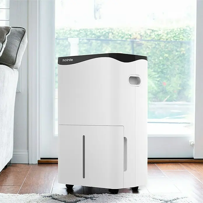 Rointe Deshumidificador eléctrico DRYPURE PRO - 535 W, Potencia de deshumidificación: 40 l/día, L x An x Al: 25,6 x 36,8 x 62 cm, Blanco - Primer plano de un deshumidificador Rointe blanco con parte superior negra sobre una alfombra estampada en una sala de estar.
