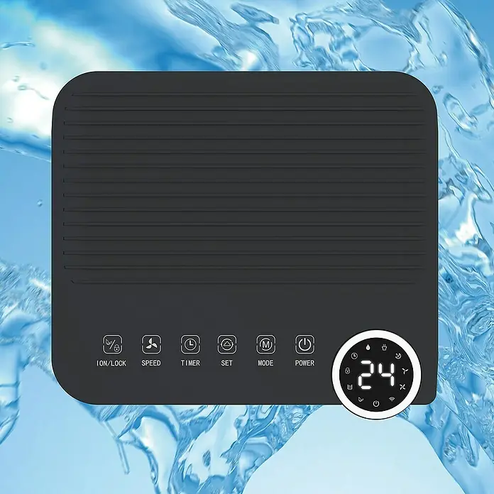 Rointe Deshumidificador eléctrico DRYPURE - 200 W, Potencia de deshumidificación: 12 l/día, L x An x Al: 23 x 25,5 x 44,6 cm, Blanco - Imagen de un humidificador con pantalla digital, que muestra varias funciones como bloqueo de iones y temporizador.
