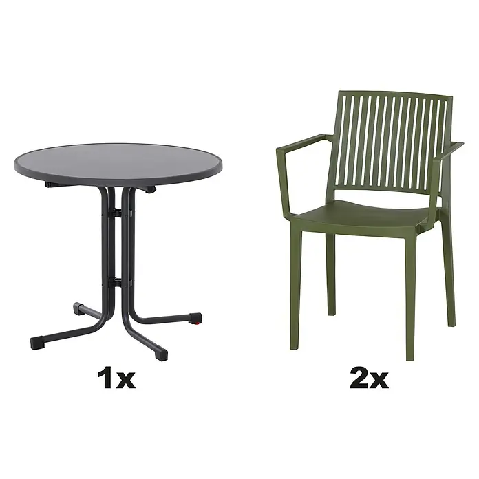 Siena Garden Urban Lights Gartenmöbel-Set Lane Sessel/Paco Tisch - 3 -tlg., Polypropylen, Olive/Anthrazit - Abbildung eines Tisches (1x) und zweier Stühle (2x).