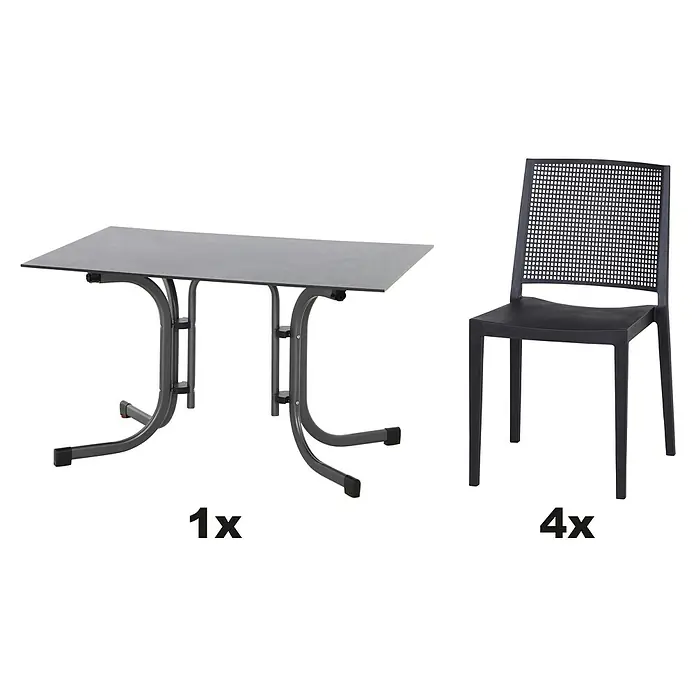 Siena Garden Urban Lights Gartenmöbel-Set Square Stuhl/Sola Tisch - 5 -tlg., Polypropylen, Anthrazit, Tisch (L x B x H): 120 x 80 x 71 cm - Abbildung eines grauen Gartentisches mit einem Stuhl. Das Set besteht aus einem Tisch und vier Stühlen für den Außenbereich.