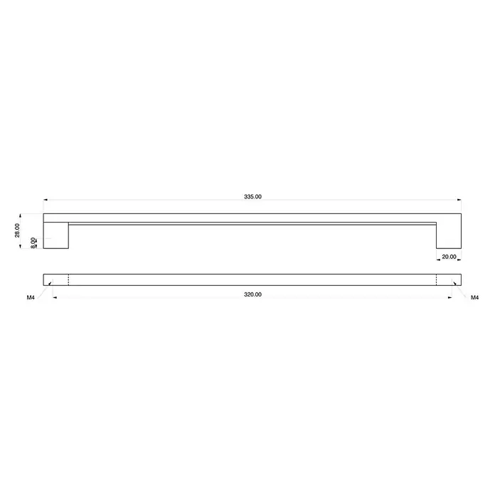 Rei Möbelgriff - Lochabstand: 320 mm, Aluminium, Silberfarben, L x B x H: 335 x 9 x 28 mm - Technische Zeichnung eines rechteckigen Stangengriffs, Seiten- und Draufsicht, mit M4-Befestigung.