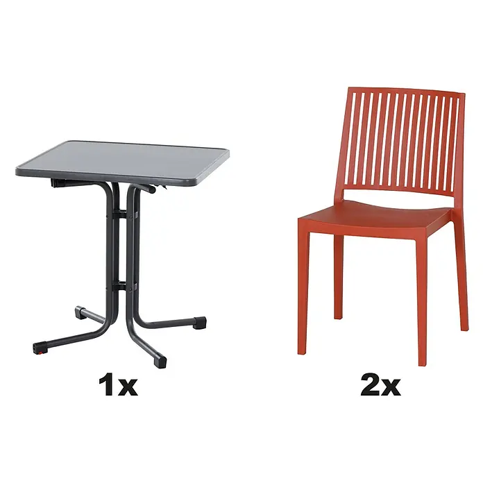 Siena Garden Urban Lights Gartenmöbel-Set Lane Stuhl/Paco Tisch - 5 -tlg., Polypropylen, Brick/Anthrazit - Ein schwarzer Klapptisch und zwei orangefarbene Stühle sind abgebildet. Ideal für kleine Räume oder als zusätzliche Sitzgelegenheit im Freien.