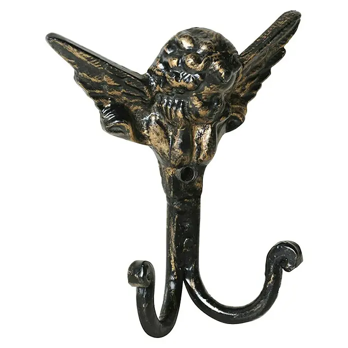 Rei Garderobenhaken C510 - L x B x H: 46 x 121 x 154 mm, Messing, Schwarz - Schwarzer und goldener Wandhaken im Antik-Look mit Engelsmotiv und zwei Haken.