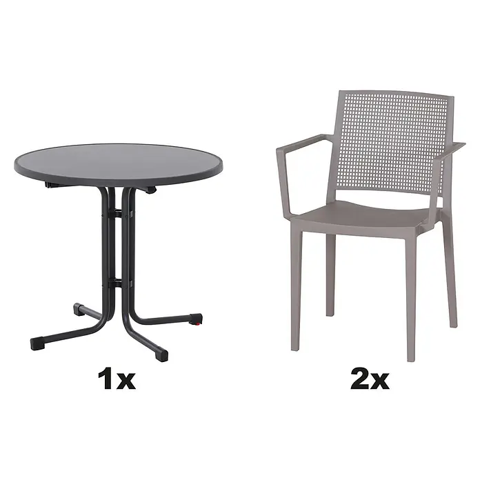 Siena Garden Urban Lights Gartenmöbel-Set Square Sessel/Paco Tisch - 3 -tlg., Polypropylen, Melamin, Taupe/Anthrazit - Bild von einem Bistrotisch und zwei Stühlen, ideal für den Garten oder Balkon. Das Set bietet eine stilvolle und praktische Lösung für den Außenbereich.