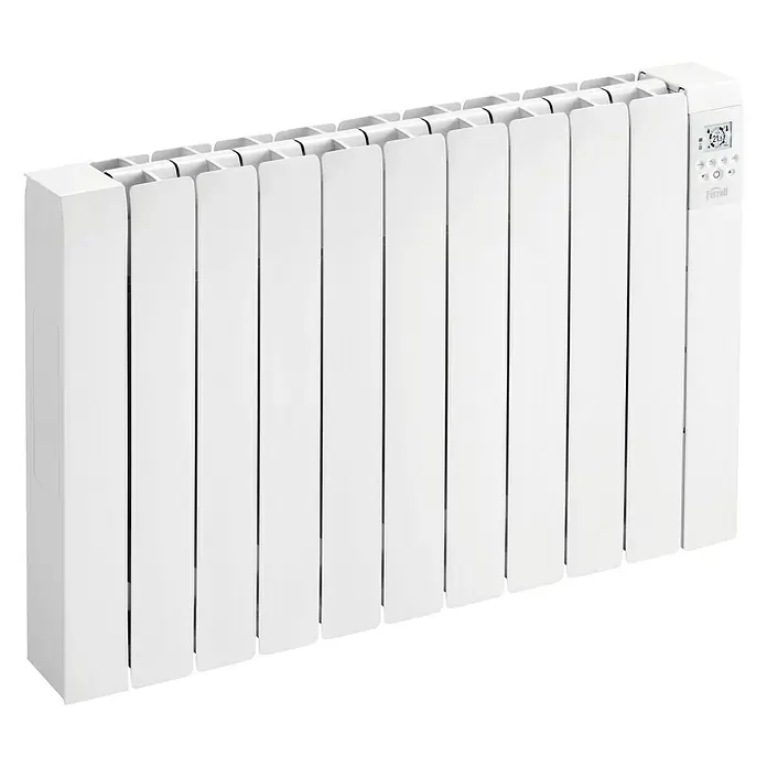 Ferroli Emisor térmico Rimini - 1.500 W, Blanco, 10 x 87,6 x 58,1 cm, Fluido - Imagen de un radiador eléctrico Ferroli blanco con controles digitales. Diseño compacto para una calefacción eficiente y fácil.