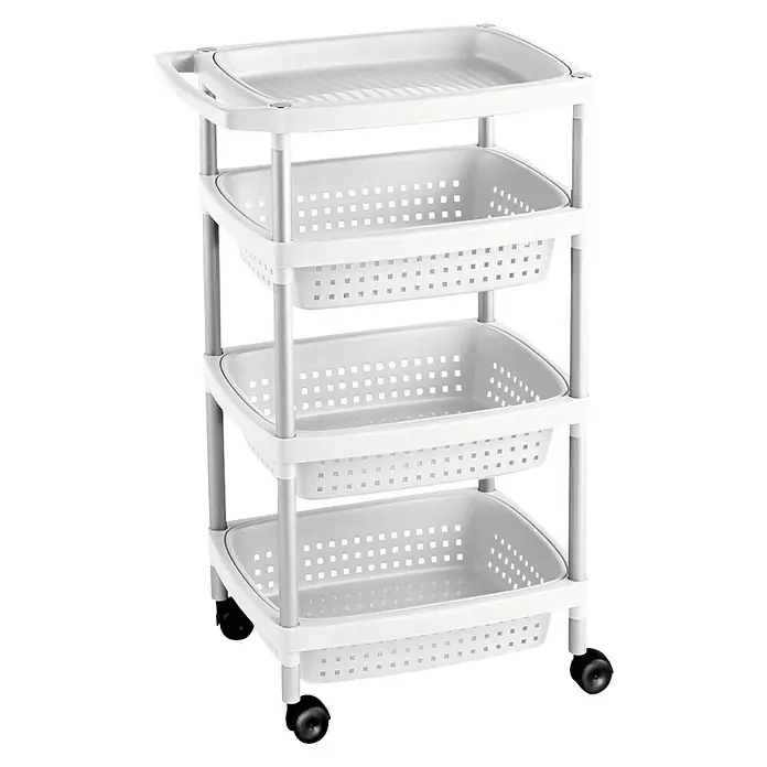 Tatay Carro con ruedas 4 niveles - 36 x 52 x 79,5 cm, Blanco - Esta imagen representa un carrito blanco con cuatro estantes de almacenamiento y ruedas para un uso doméstico flexible.