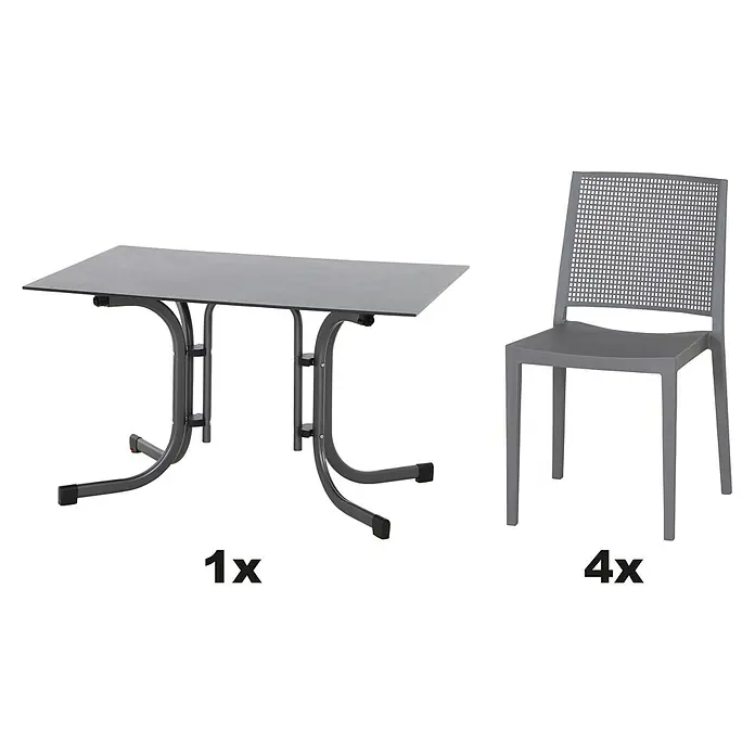 Siena Garden Urban Lights Gartenmöbel-Set Square Stuhl/Sola Tisch - 5 -tlg., Polypropylen, Grau/Anthrazit, Tisch (L x B x H): 120 x 80 x 71 cm - Bild eines Gartentisches mit einem Stuhl-Set, bestehend aus einem Tisch und vier passenden Stühlen für den Außenbereich.