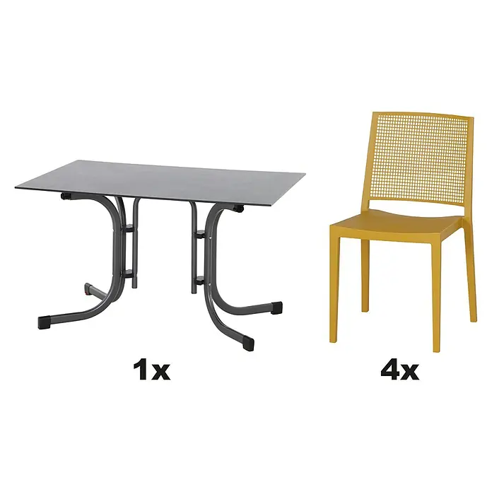 Siena Garden Urban Lights Gartenmöbel-Set Square Stuhl/Sola Tisch - 5 -tlg., Polypropylen, Mustard/Anthrazit, Tisch (L x B x H): 120 x 80 x 71 cm - Bild von einem Esstisch mit einem grauen Tischblatt und vier gelben Stühlen mit Gittermuster.