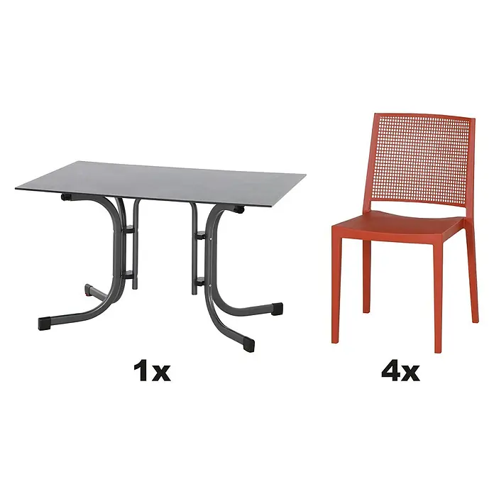 Siena Garden Urban Lights Gartenmöbel-Set Square Stuhl/Sola Tisch - 5 -tlg., Polypropylen, Brick/Anthrazit, Tisch (L x B x H): 120 x 80 x 71 cm - Ein grauer Esstisch und vier rote Stühle. Das Set bietet Platz für Mahlzeiten im Freien.