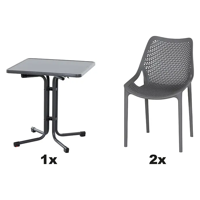 Siena Garden Urban Lights Gartenmöbel-Set District Sessel/Paco Tiscch - 3 -tlg., Polypropylen, Melamin, Grau/Anthrazit - Bild zeigt ein graues Bistro-Set mit einem Tisch und zwei Stühlen, ideal für kleine Räume.