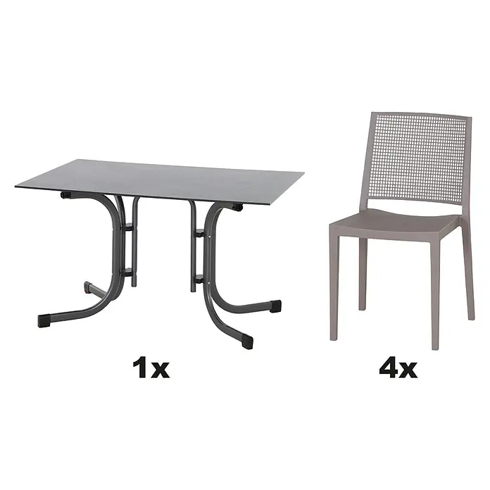 Siena Garden Urban Lights Gartenmöbel-Set Square Stuhl/Sola Tisch - 5 -tlg., Polypropylen, Taupe/Anthrazit, Tisch (L x B x H): 120 x 80 x 71 cm - Essgruppe mit einem Tisch und vier Stühlen. Die Möbel haben ein modernes Design in Grau.