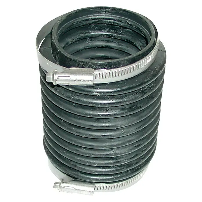 Gummibalg Volvo Penta 500505 K - Ø x H: 85 x 165 mm, Geeignet für: Volvo Penta Motoren 875829-4/876631-3 - Eine schwarze Gummimanschette mit zwei Metallschellen, die zur Befestigung an einem Rohr oder einer Welle verwendet wird.