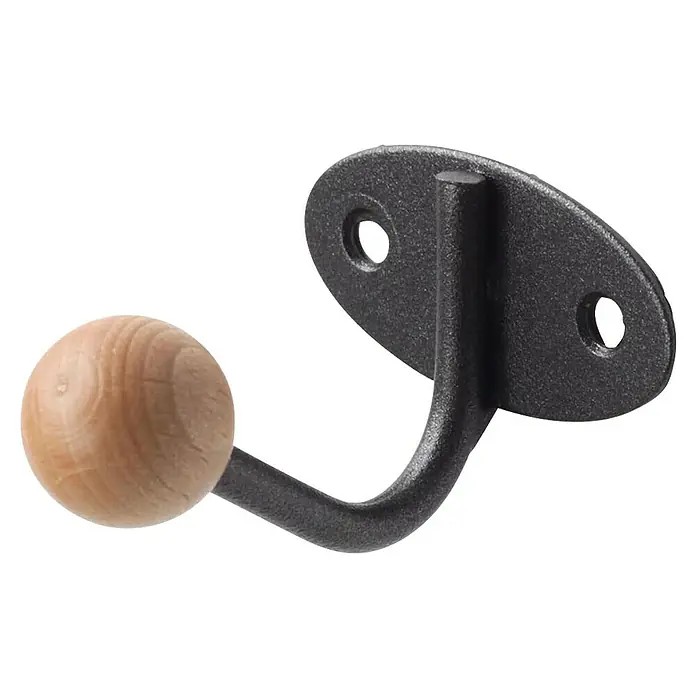 Rei Garderobenhaken C5294 - L x B x H: 36 x 50 x 65 mm, Stahl, Schwarz - Dunkler Metall-Wandhaken mit einer Kugel aus Naturholz.