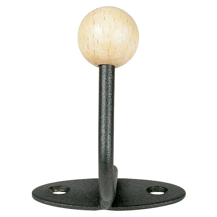 Rei Garderobenhaken C5294 - L x B x H: 36 x 50 x 65 mm, Stahl, Schwarz - Schwarzer Metall-Wandhaken mit einer Kugel aus hellem Naturholz.
