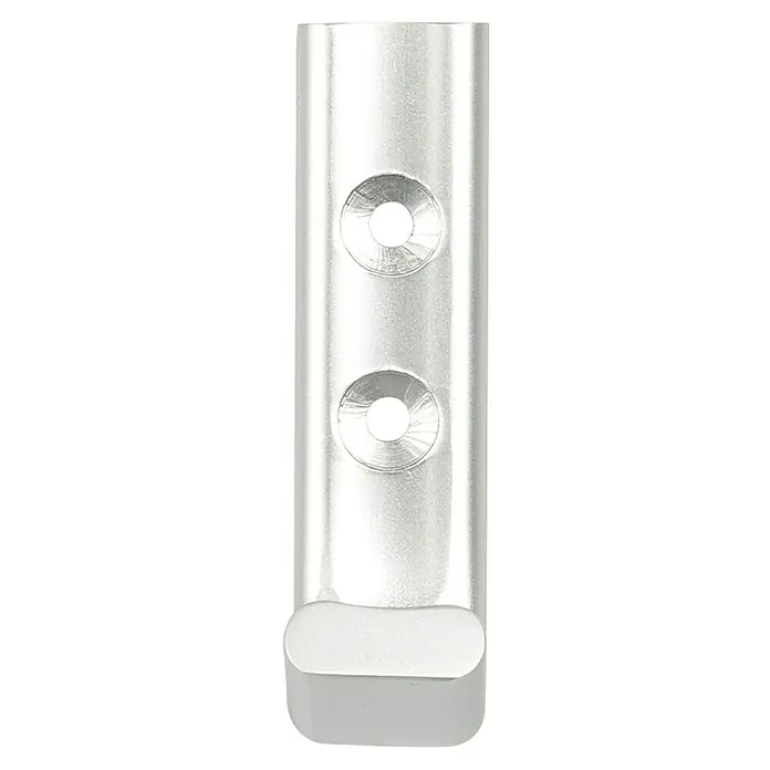 Rei Garderobenhaken C6801 - L x B x H: 42 x 20 x 73 mm, Aluminium, Silber - Gebürstetes silbernes Metallbauteil mit zwei runden Löchern und abgerundetem Ende.