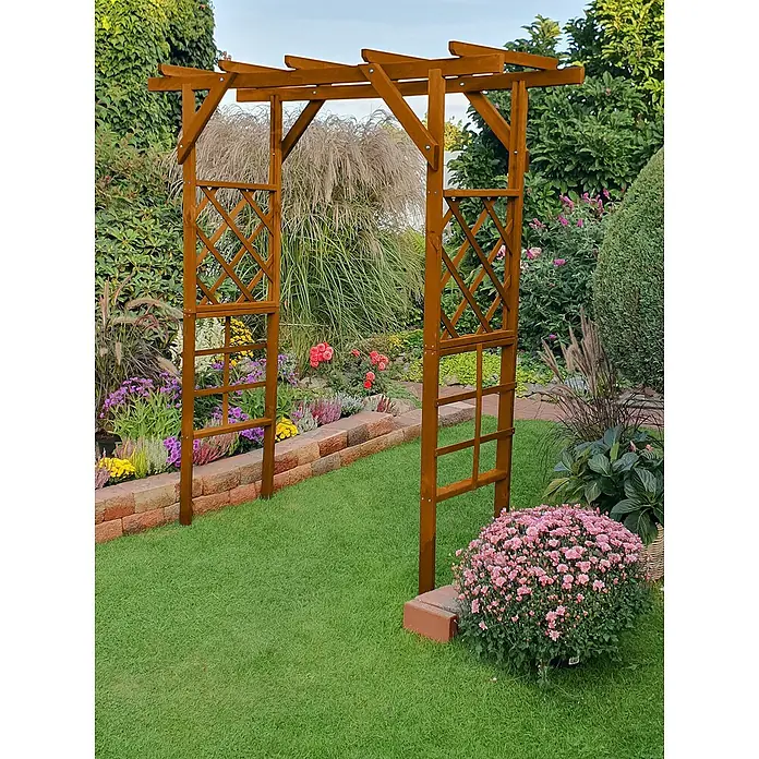 Promadino Pergola Ben - 60 x 200 x 210 cm, Honigbraun, Holz - Holzbogen-Gartenstruktur, ideal als dekorativer Übergang oder Rankhilfe für Pflanzen. Die robuste Konstruktion fügt sich nahtlos in jeden Garten ein.