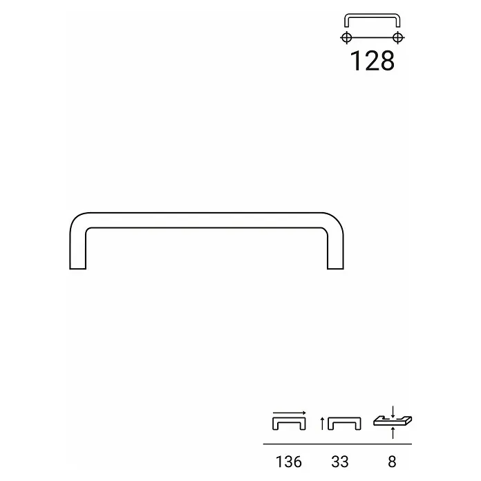Rei Möbelgriff - Lochabstand: 128 mm, Sonstige, Edelstahl, L x B x H: 136 x 8 x 33 mm - Technische Zeichnung eines U-förmigen Griffs mit Maßen 128, 136, 33, 8.