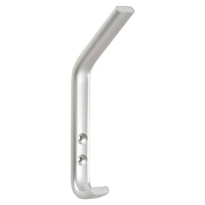 Rei Garderobenhaken C6802 - L x B x H: 74 x 20 x 175 mm, Aluminium, Silber - Gebogener, silbergrauer Metallhaken mit zwei Schraublöchern und weißer Schutzkappe.