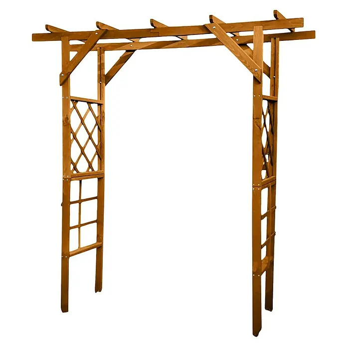 Promadino Pergola Ben - 60 x 200 x 210 cm, Honigbraun, Holz - Holzlaubengang: Ein charmanter, honigfarbener Holzbogen mit dekorativen Details, ideal für Gärten und Außenbereiche.