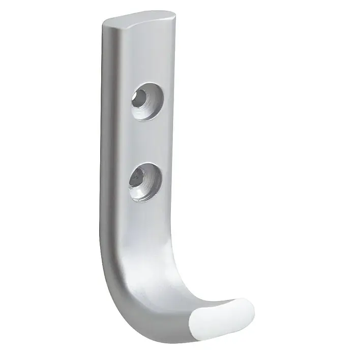Rei Garderobenhaken C6801 - L x B x H: 42 x 20 x 73 mm, Aluminium, Silber - Silberner Wandhaken aus Metall mit zwei Schraublöchern und einer weißen Endkappe.
