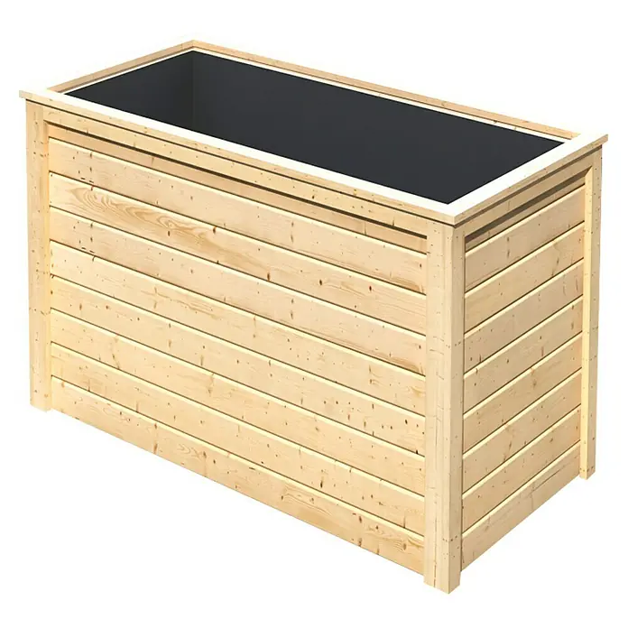 Karibu Hochbeet - 133 x 69 x 82 cm, Holz, Natur - Dieser Artikel zeigt einen rechteckigen Pflanzkasten aus hellem Holz mit einer schwarzen Innenauskleidung, ideal für den Garten.