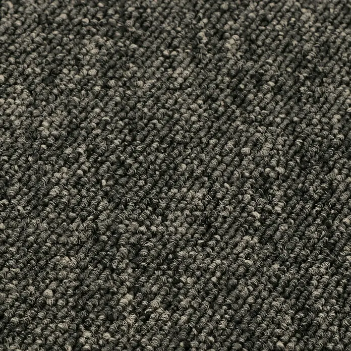Teppichfliese Solid - Schlinge, 100 % Polyamid SDN, Dunkelbraun - Nahaufnahme eines grauen Teppichs mit melierter Textur.