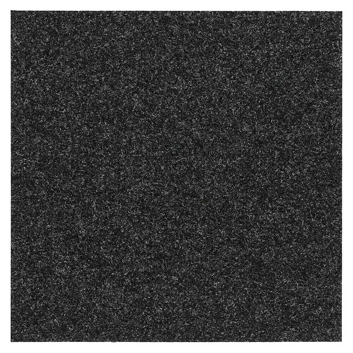 Teppichfliese Lindau - Nadelfilz, 100 % Polypropylen, Anthrazit - Nahaufnahme eines Stücks schwarzem Teppich, das eine dichte, strukturierte Oberfläche mit subtilen Farbvariationen aufweist.