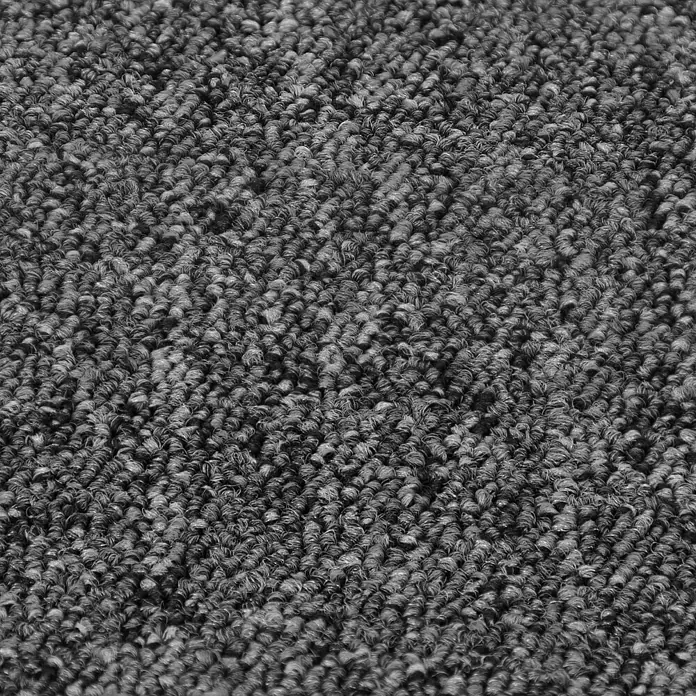 Teppichfliese Solid - Schlinge, 100 % Polyamid SDN, Grau - Detailaufnahme eines Teppichs mit dichter, grau melierter Textur, ideal für gemütliche Wohnräume mit Wärme und Komfort.