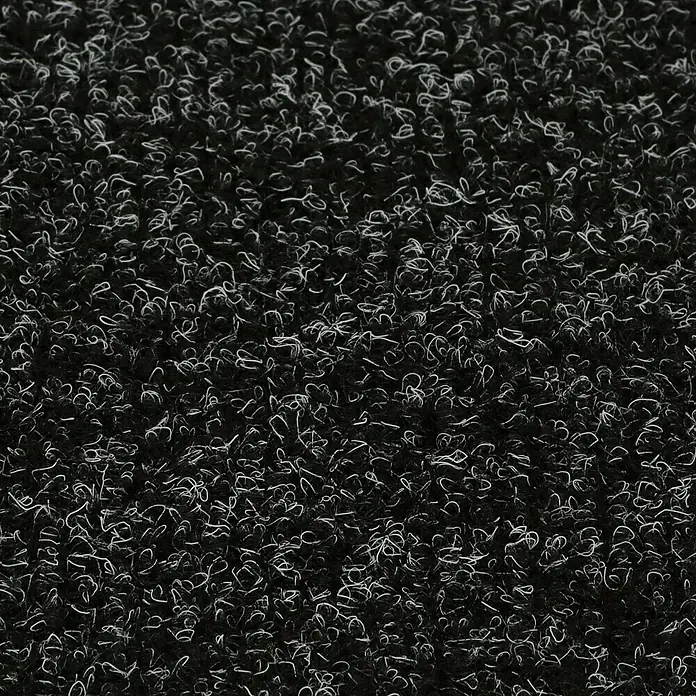 Teppichfliese Sprinter - Nadelfilz, 80 % Polypropylen, 20 % recyceltes PET, Anthrazit - Nahaufnahme eines strukturierten, dunklen Teppichs mit hellen, verschlungenen Akzenten. Ein strapazierfähiger und stilvoller Bodenbelag für jeden Raum.