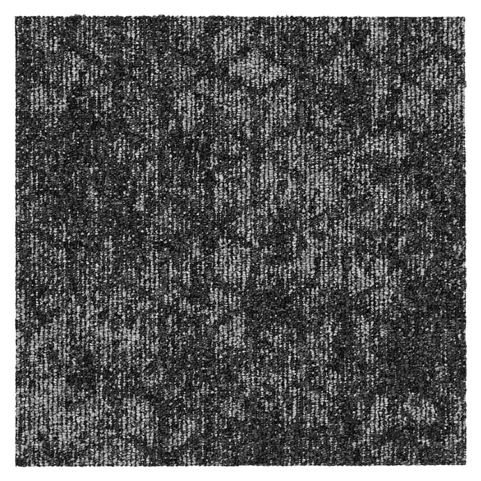 Teppichfliese Realise - Schlinge, 100 % Polypropylen, Metal - Nahaufnahme eines Teppichmusters in Grau- und Schwarztönen, das Textur und Design des Teppichs hervorhebt.