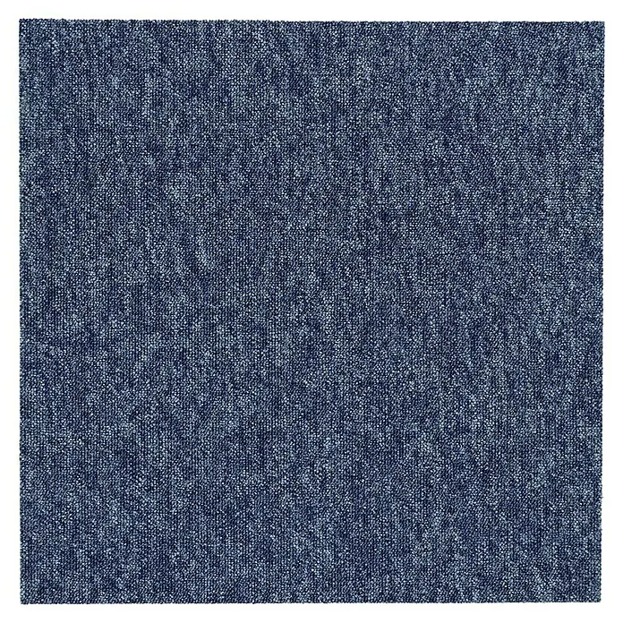 Teppichfliese Vienna - Schlinge, 100 % Polypropylen, Blau - Nahaufnahme eines blauen Teppichs mit melierter Textur, ideal für Wohnräume, die Wärme und Komfort suchen.