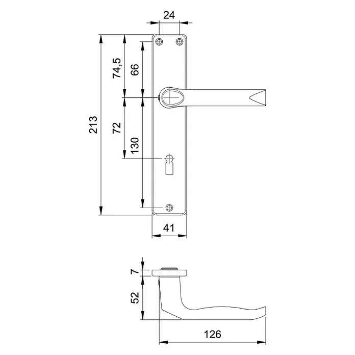 Stabilit Langschild - Stärke Tür: 35 mm - 45 mm, Aluminium, L-Form, Langschild - Technische Zeichnung eines Türgriffs mit Maßen. Die detaillierte Darstellung zeigt alle relevanten Abmessungen des Türbeschlags.