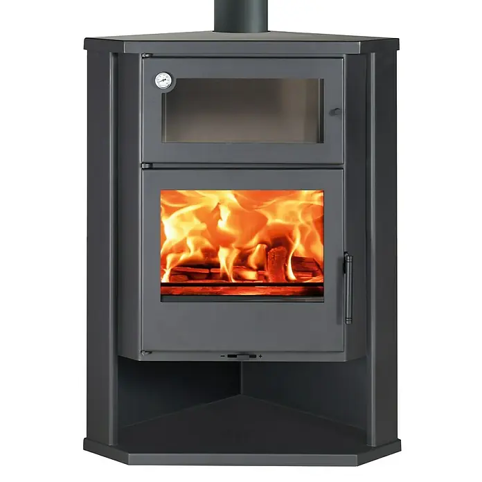Panadero Estufa de leña esquinera Coimbra - 7 kW, Volumen de calefacción: 280 m³, Antracita - Estufa de leña esquinera con cristal y leña ardiendo para un calor acogedor.