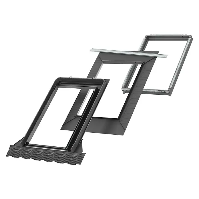Velux Eindeckrahmen EDW 2000 MK04 - 78 x 98 cm - Das Bild zeigt drei VELUX Dachfensterrahmen, die in unterschiedlichen Bauphasen präsentiert werden, vor einem schwarzen Hintergrund.