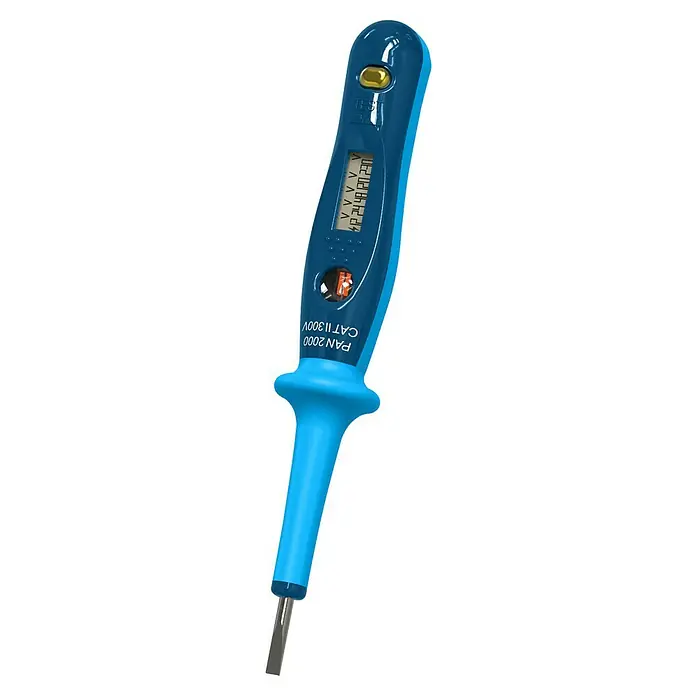 Pancontrol Spannungsprüfer PAN 2000 - Polanzahl: 1 Stk., Messkategorie: CAT II 300 V - Ein blauer Spannungsprüfer mit digitaler Anzeige, ideal für die sichere Prüfung von Wechsel- und Gleichspannungen.