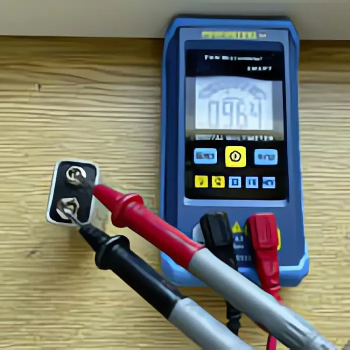 Pancontrol Kontaktloser Spannungsprüfer - Messbereich Gleichspannung: 1 µV - 600 V, Messbereich Wechselspannung: 1 µV - 600 V, CAT III 300 V - Ein Multimeter mit Messleitungen, das eine Batterie testet und den Messwert 0.964 anzeigt.