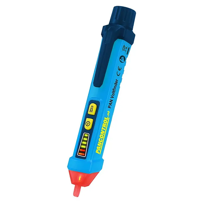 Pancontrol Kontaktloser Spannungsprüfer Voltfinder - Messbereich Wechselspannung: 12 V - 1.000 V - Abbildung eines blauen PANCONTROL Voltfinder-Spannungsprüfers mit roter Spitze zur berührungslosen Spannungserkennung.