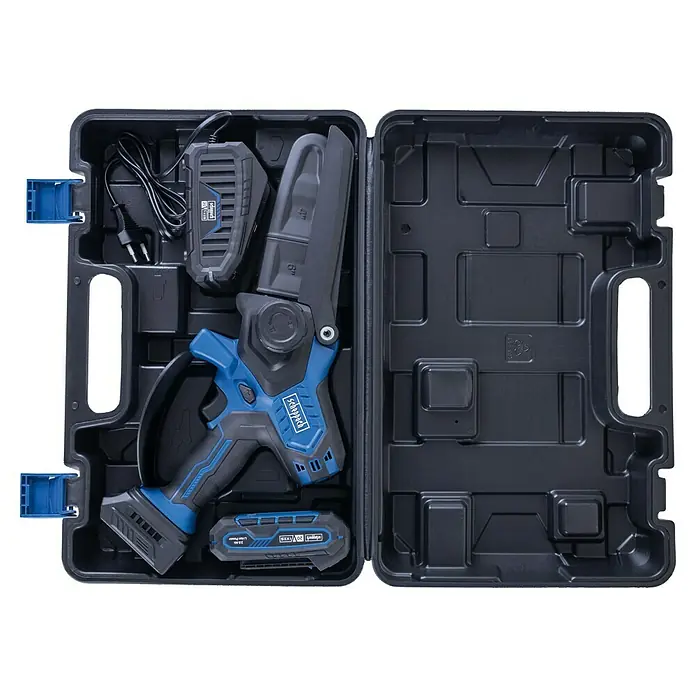 Scheppach Akku-Kettensäge BC-PS150-X - 2 Ah, Li-Ionen, 1 Akku, Schwertlänge: 15 cm - Akku-Astsäge im Transportkoffer. Das Set enthält die Säge, einen Akku, ein Ladegerät und einen praktischen Transportkoffer für Lagerung.