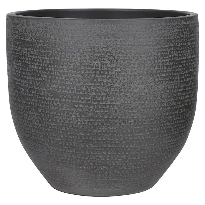 Mica Decorations Cubremaceta redondo Carrie - Dimensiones externas (Ø x Al): 35 x 32 cm, Negro, Materiales naturales - Primer plano de una maceta texturizada de color antracita con una sutil textura oscura, ideal para uso interior o exterior.