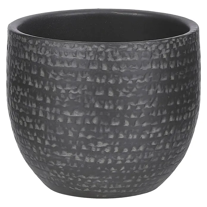Mica Decorations Cubremaceta redondo Carrie - Dimensiones externas (Ø x Al): 14 x 12 cm, Negro, Materiales naturales - Primer plano de una maceta gris texturizada con forma redondeada e interior oscuro.