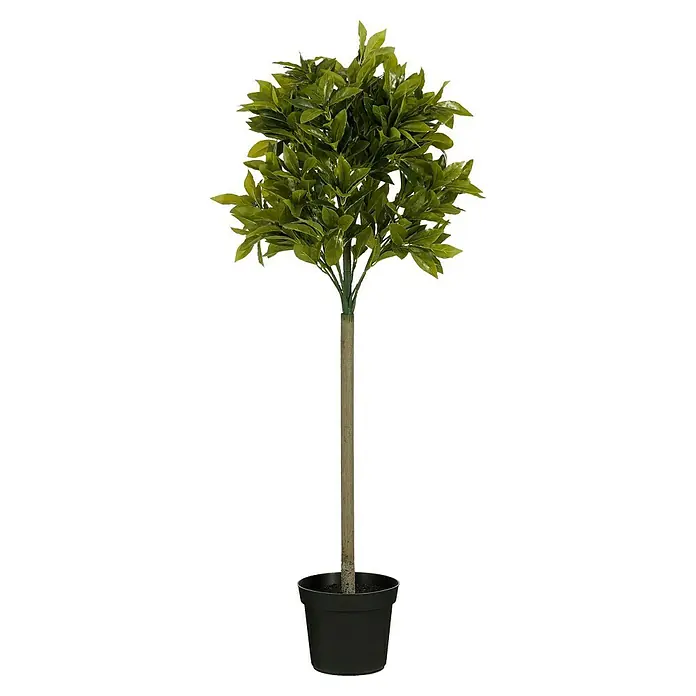Planta artificial Laurel - Altura: 120 cm, Color de flor: Verde, Plástico - Planta topiary artificial en maceta con hojas verdes exuberantes y tronco marrón delgado en maceta negra.
