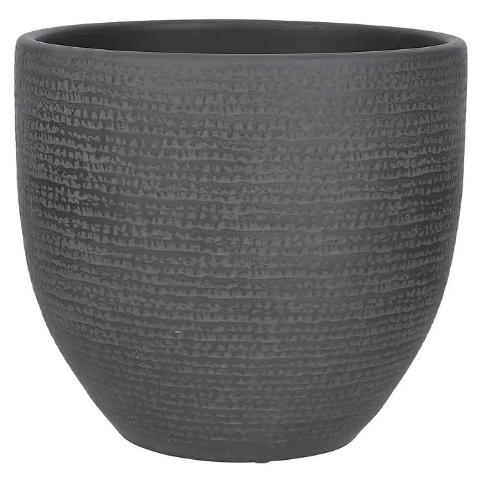 Mica Decorations Cubremaceta redondo Carrie - Dimensiones externas (Ø x Al): 29 x 26 cm, Negro, Materiales naturales - Esta maceta gris presenta una forma orgánica y una textura que imita materiales naturales, perfecta para plantas de interior.